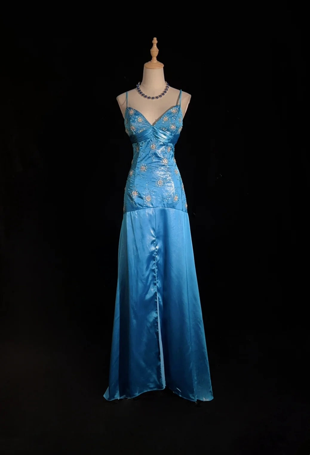 Robes de bal vintage sirène à fines bretelles en satin bleu des années 1990 longue robe de soirée formelle N2645