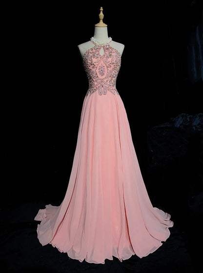 Robes de bal modestes trapèze licou en mousseline rose avec perles, longues tenues de soirée N3464