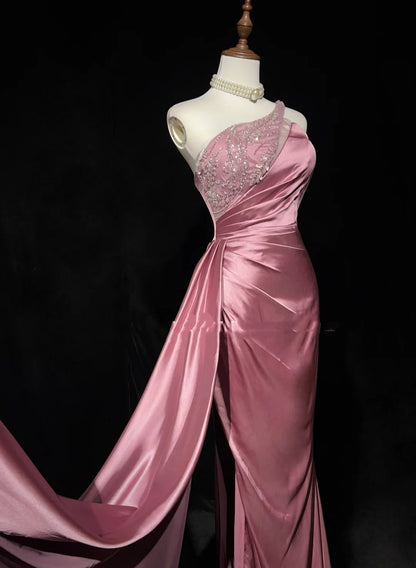 Robes de bal vintage, inspiration sirène, asymétrique, satin avec perles, fente, robe de soirée longue années 80 N2735