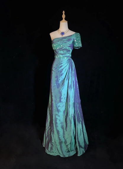 Bescheidene Ballkleider Meerjungfrau Ein Schulter Blau Satin Mit Perlen Lang Abendmode N3467