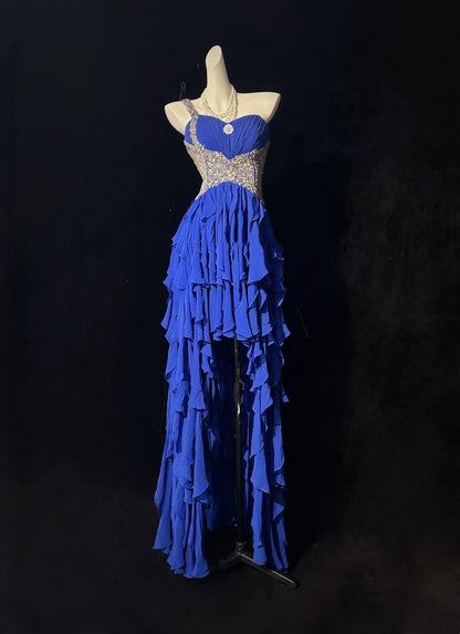 Vintage Ballkleider 1950er High Low One Shoulder Königsblau Chiffon mit gestuften Ärmellosen Abendkleidern RB4326