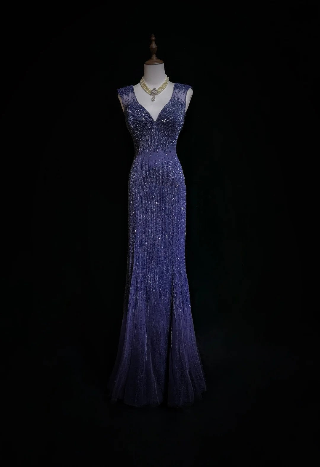 Vintage Meerjungfrauen-Abschlussballkleider V-Ausschnitt Königsblau 90er mit rückenfreier Perlenstickerei Langes formelles Partykleid N2505