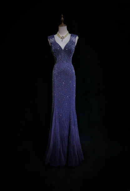 Vintage Meerjungfrauen-Abschlussballkleider V-Ausschnitt Königsblau 90er mit rückenfreier Perlenstickerei Langes formelles Partykleid N2505