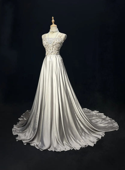 Robes de bal vintage en satin argenté, coupe trapèze, col en V, avec perles, longue robe de soirée N2454