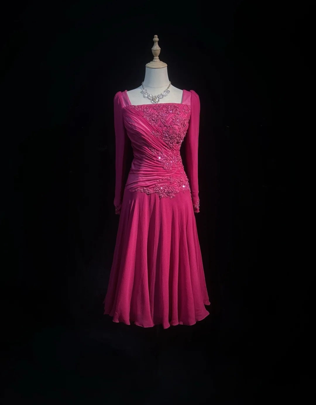 Jolie robe de soirée cocktail trapèze en mousseline de soie rose vif longueur genou robes de bal N3850
