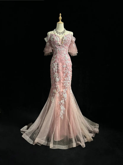 Robes de bal sirène modestes, bretelles spaghetti, dentelle rose, manches courtes, longues tenues de soirée formelles N3627