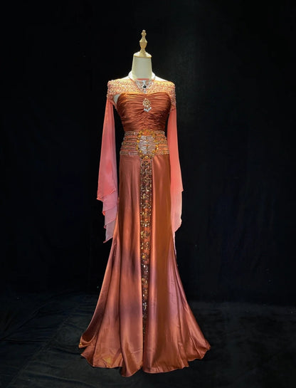 Elegante Ballkleider Meerjungfrau Trägerlos Chiffon Rüschen Perlen Jacke Bodenlang Formelle Abendgarderobe N3489