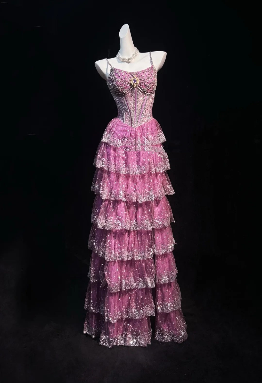 Vintage Prom-Kleider A-Linie Spaghettiträger Rosa Spitze 80er Jahre Mit Stufenrock Lange Formelle Abendkleider N4207