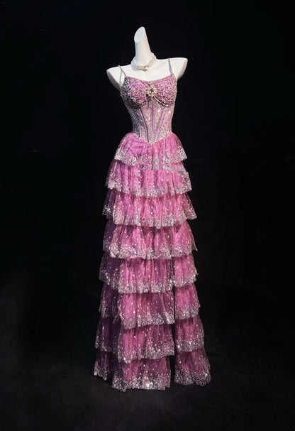 Vintage Prom-Kleider A-Linie Spaghettiträger Rosa Spitze 80er Jahre Mit Stufenrock Lange Formelle Abendkleider N4207
