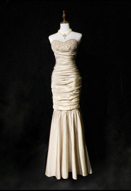 Vintage Abschlussballkleider 2000er Meerjungfrau Sweetheart Champagner mit Perlenbesatz Langes Ballkleid N3023