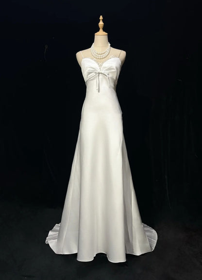 Vintage A line Spaghetti Strap Sleeveless Floor Length Satin Garden White Wedding Dresses RB3313