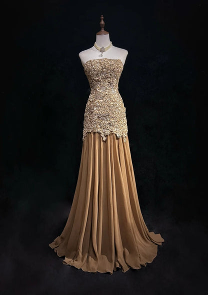 Robes de bal vintage des années 60, sirène bustier, longue robe de bal en dentelle dorée N3103