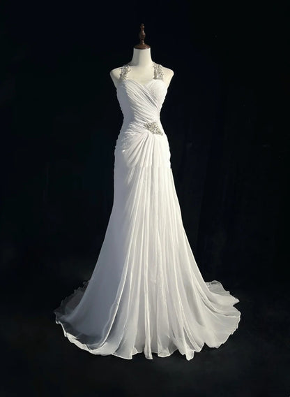 Zeitlose Hochzeitskleider Meerjungfrau Neckholder Chiffon Weißer Satin mit Perlen Lange Brautkleider N3474