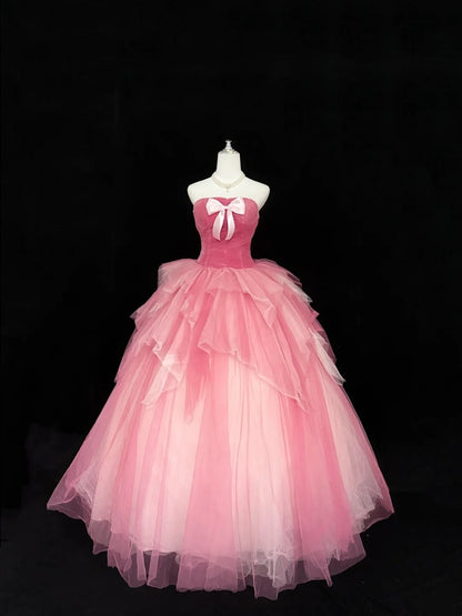 Cute Sweet 16 Dresses Long Ball Gown Strapless Pink Tulle Formal Sweet Sixteen Birthday Gown RC0252