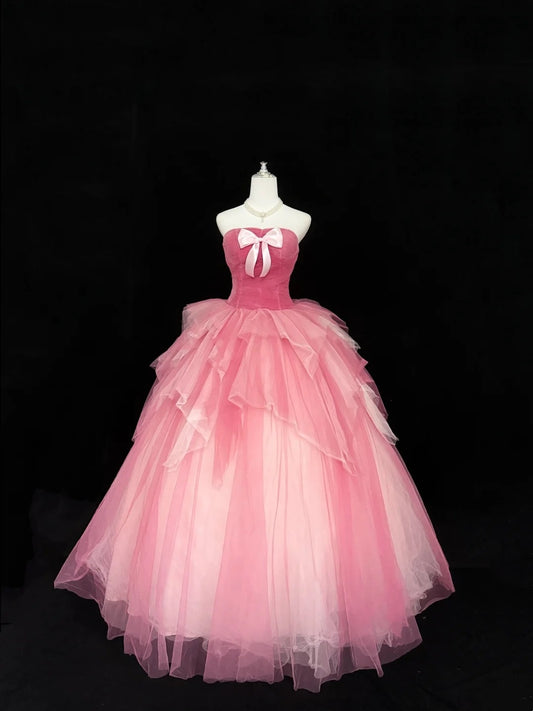 Cute Sweet 16 Dresses Long Ball Gown Strapless Pink Tulle Formal Sweet Sixteen Birthday Gown RC0252