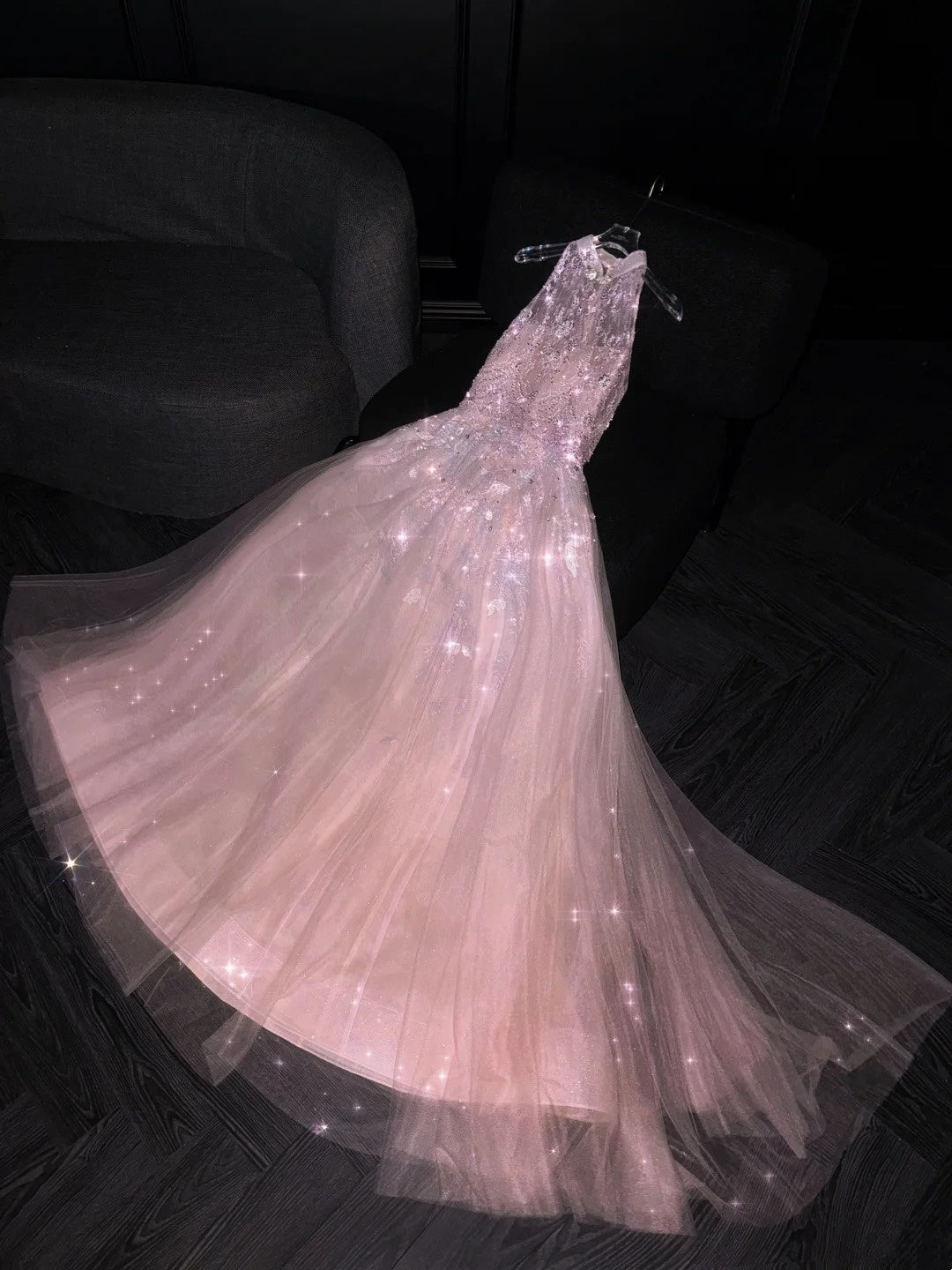 Robe de soirée longue en tulle rose, coupe trapèze, idéale pour un bal de promo ou un anniversaire de 18 ans (N731)