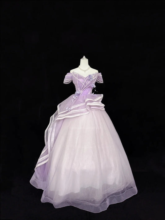 Lilac Prom Dress Long Floor Length Ball Gown Off Shoulder Tulle With Sleeves Formal Evening Gown For Women RC0279