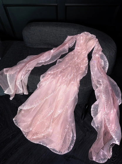 Robe de soirée longue rose à paillettes, coupe trapèze, épaules dénudées, ornée de sequins, idéale pour un bal de promo ou un anniversaire de 18 ans (N733)