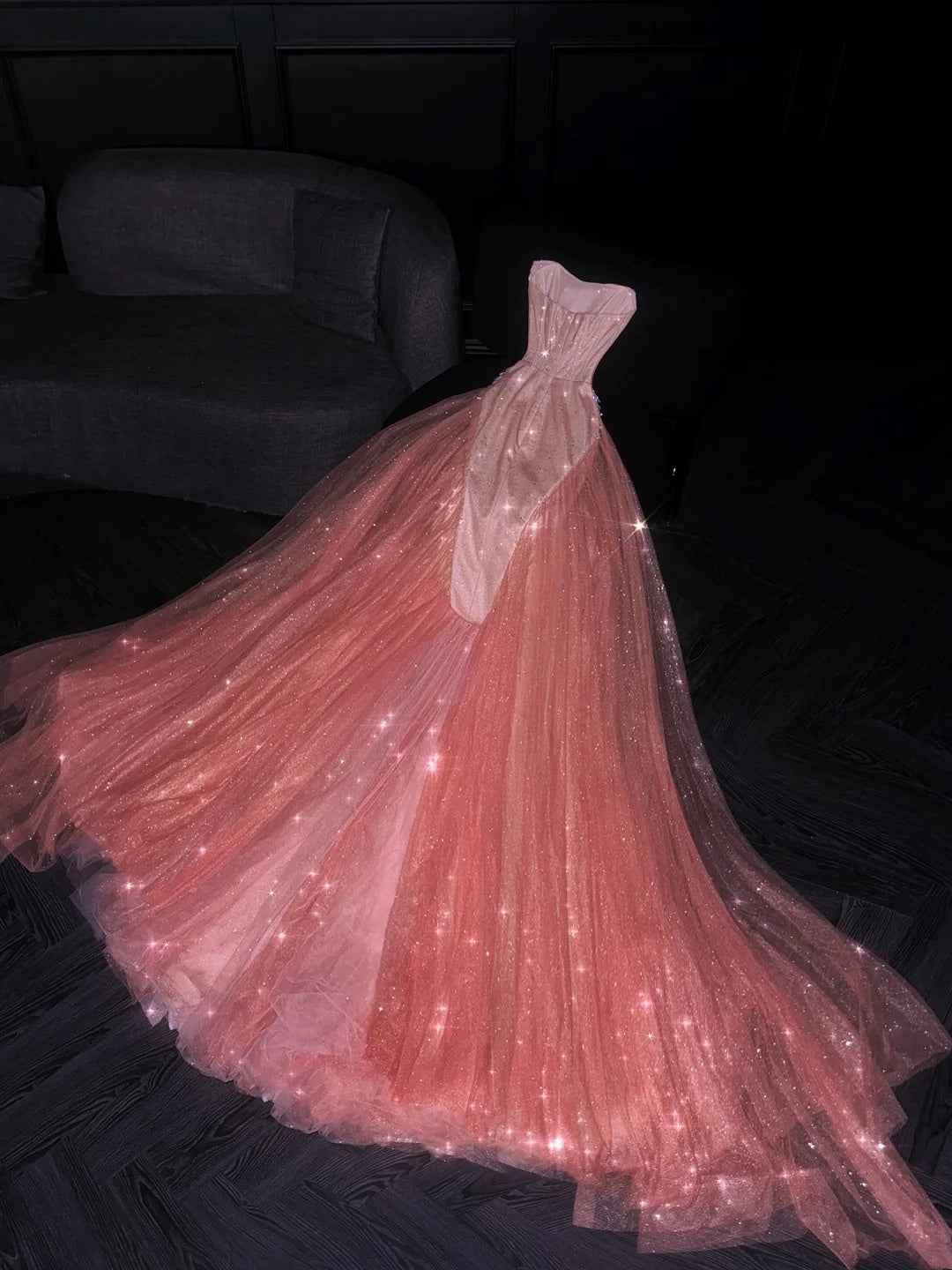 Robe de soirée longue sirène à paillettes rose corail sans bretelles, sans sequins, idéale pour un 18e anniversaire ou un bal de promo (N734)
