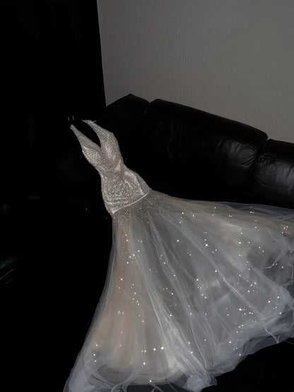 Robe de bal longue sirène princesse à sequins champagne, dos nu, tenue de soirée formelle N995
