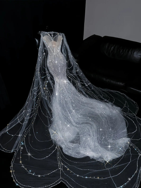 Pretty Mermaid Jewel Neck Sequin Silver With Beading Brides Gown Bridal Dress Style Long Wedding Dresses RB6566