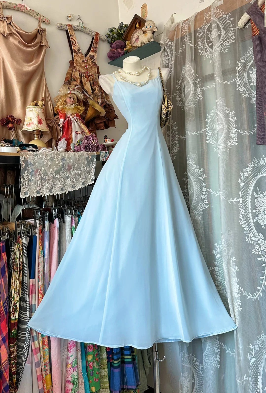 Robes de bal vintage des années 80, coupe trapèze, à fines bretelles, en mousseline bleu ciel, tenues de soirée semi-formelles N3645