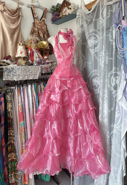Robes de bal de promo élégantes en organza rose avec bretelles tour de cou et couches longues tenues de soirée formelles N3724