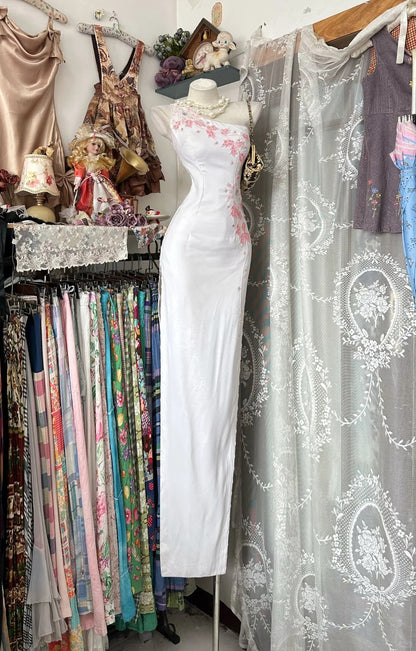 Robe de soirée longue blanche asymétrique sirène rétro années 1950, robe de bal de promo pour un 18e anniversaire, N754