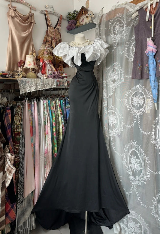 Classy Mermaid Off The Shoulder Black With Short Sleeves Long Senior Prom dresses High School Formal Dresses N1278