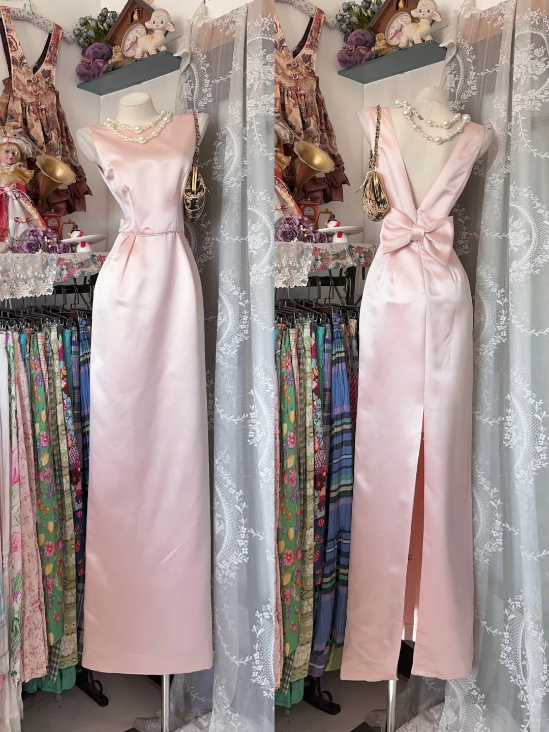Elegant Prom Dresses Sheath Satin Pink With Slit Sleeveless Formal Evening Outfits N3785