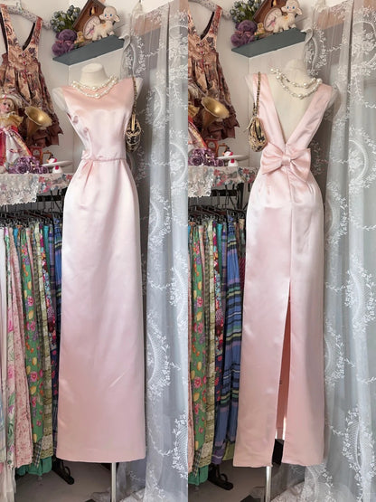 Elegant Prom Dresses Sheath Satin Pink With Slit Sleeveless Formal Evening Outfits N3785
