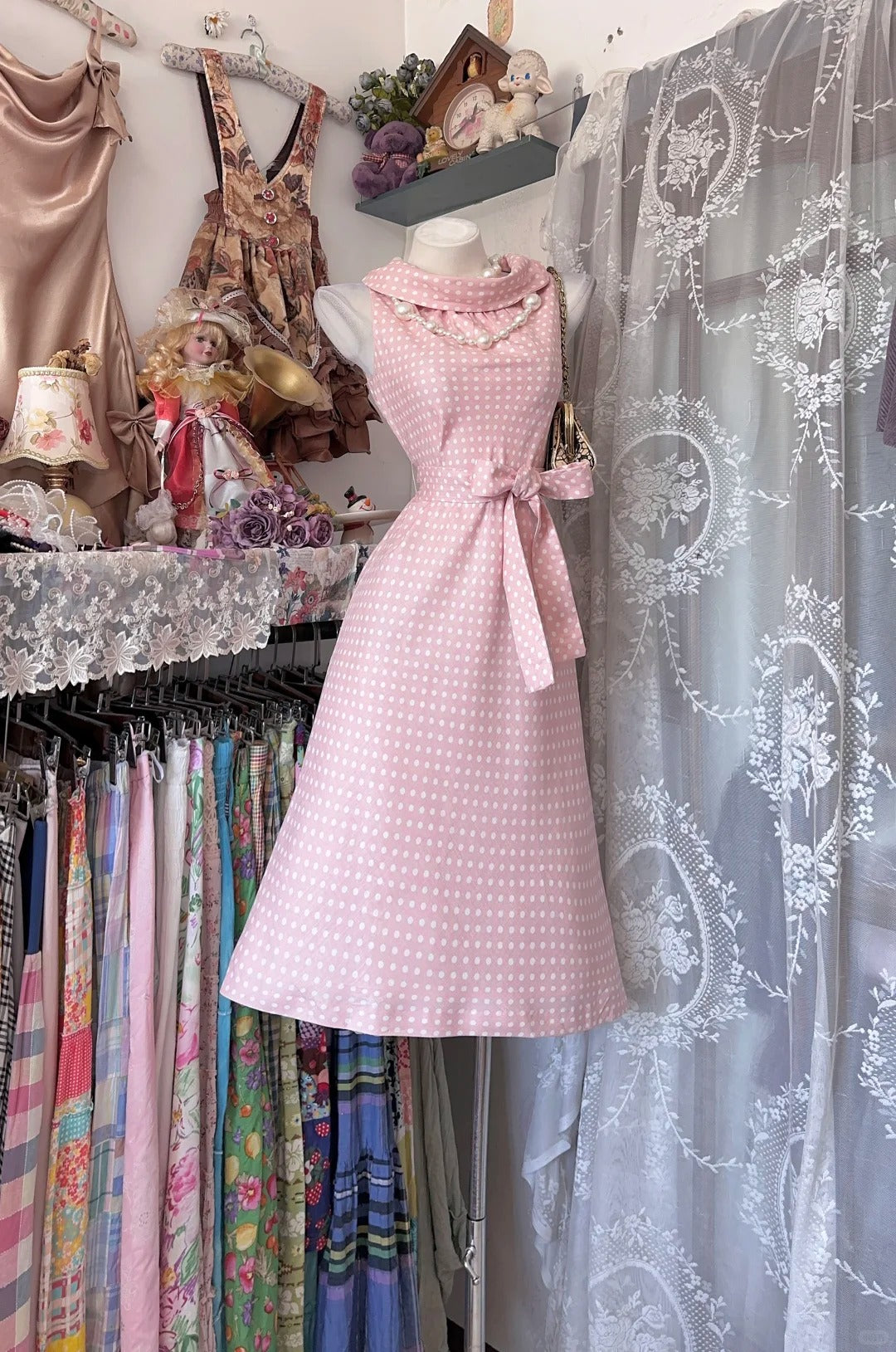 Vintage Sheath Cowl Neckline Pink Polka Dots Midi Date Night Evening Outfit Formal Prom Dresses RB5291