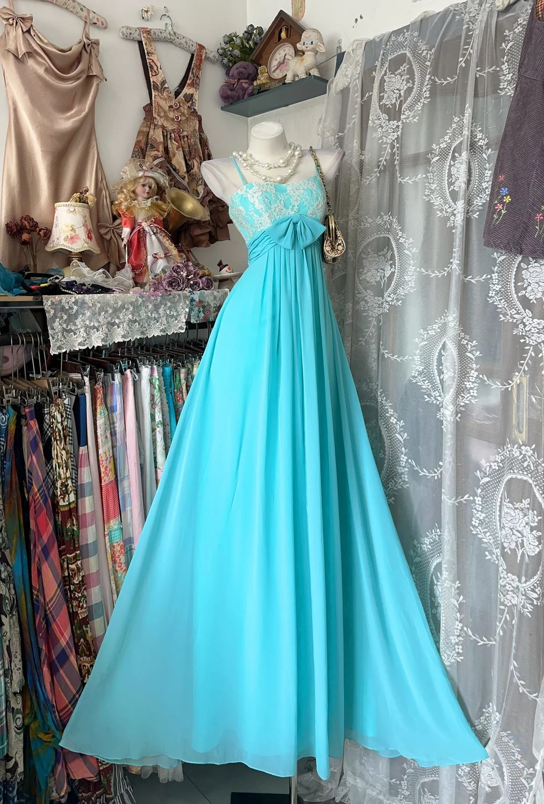 Flamboyant A line Spaghetti Strap Blue Chiffon Lace Date Night Evening Outfit Formal Prom Dresses RB5289