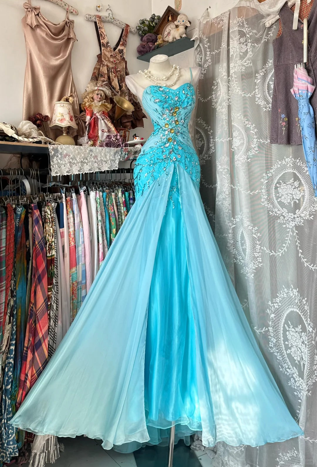 Robes de bal élégantes sirène bretelles fines mousseline bleue sans manches tenues de soirée formelles N3780