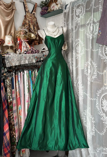 Vintage 80s Prom Dresses A line Spaghetti Straps Green Satin Long 1950s Retro Classy Party Formal Outfits RB8996