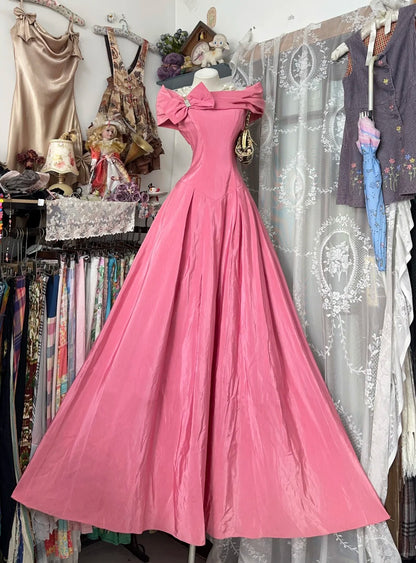 Robe de bal vintage esthétique années 60 Rétro Robe de soirée longue rose épaules dénudées N2257