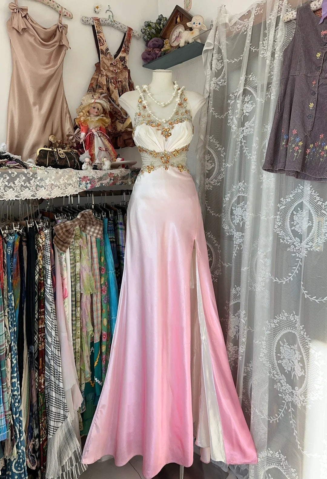 Robe de bal longue sirène rose ombré à col en V et fente, idéale pour les jeunes filles de 16 ans (N1171)