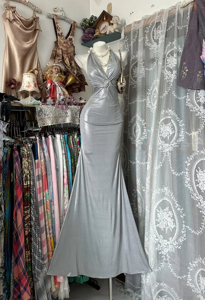 Modeste sirène licou gris sans manches longues robes de bal de fin d'année tenues formelles RB3947