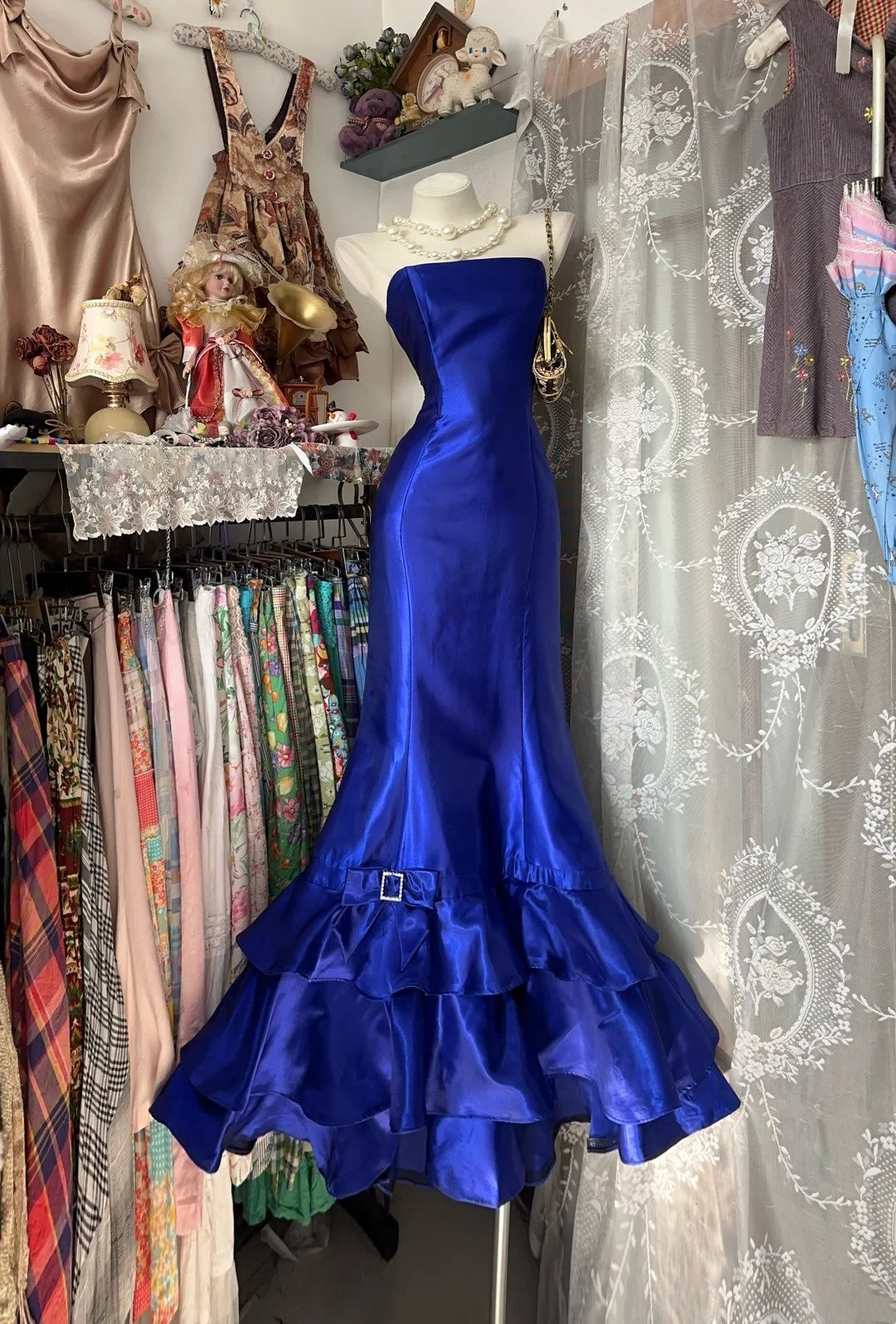 Robe de bal longue sans manches, bleu roi, en satin, style sirène, années 2000, pour femmes et jeunes filles (N660)