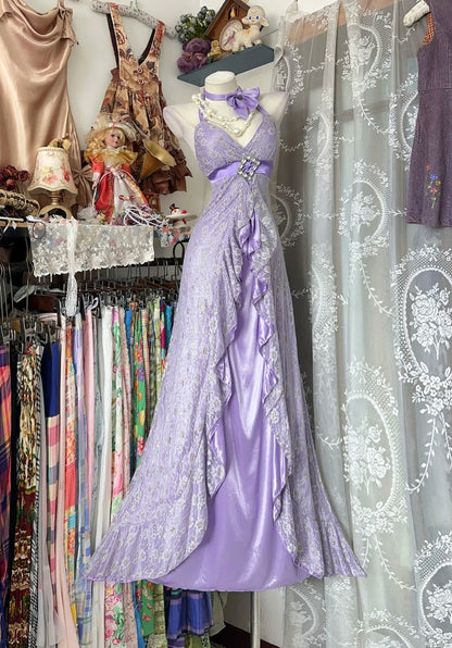 Elegante Abschlussballkleider Meerjungfrau Neckholder Flieder Spitze Ärmellos Lange Formelle Abendgarderobe N3775