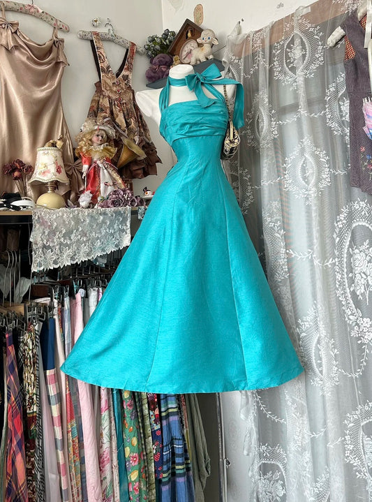Vintage Ballkleid Neckholder Blau Satin Wadenlang Abschlussballkleider Partykleid Geburtstagsoutfits Abschlusskleid N2840