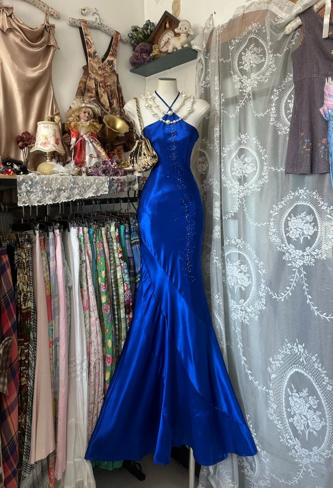 Vintage Meerjungfrauen-Halterkleid aus den 2000er Jahren, königsblau, Satin, ärmellos, langes Ballkleid für Damen und Mädchen, Abendkleid N658