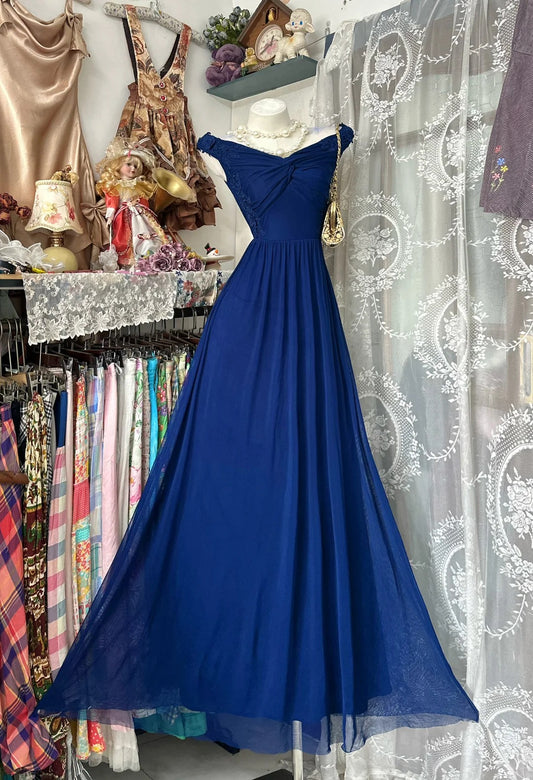 Vintage Prom Dresses A line Off The Shoulder Royal Blue With Ruffled 1950s Retro Classy Party Formal Outfits RB8983