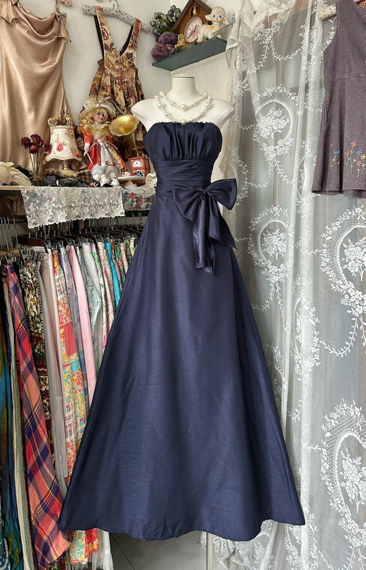 Elegant Fairy A line Strapless Navy Blue Satin Evening Gowns Formal Birthday Party Prom Dresses N1714