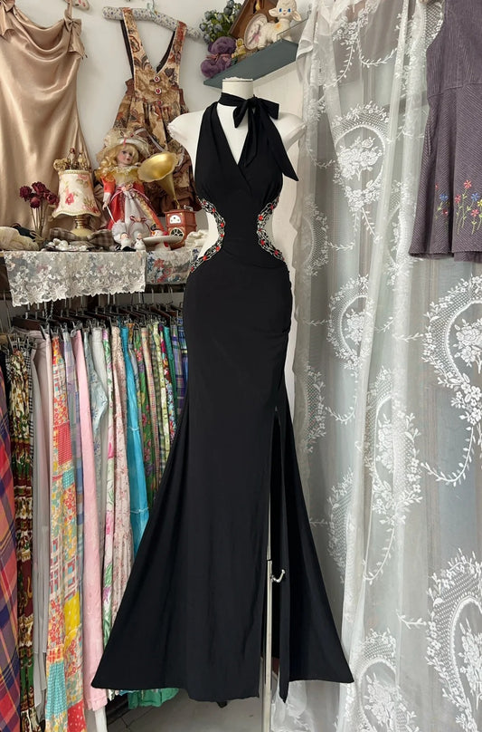 Elegant Mermaid V Neck Black Satin Slit Evening Gowns Formal Birthday Party Dress Prom Dresses N1721