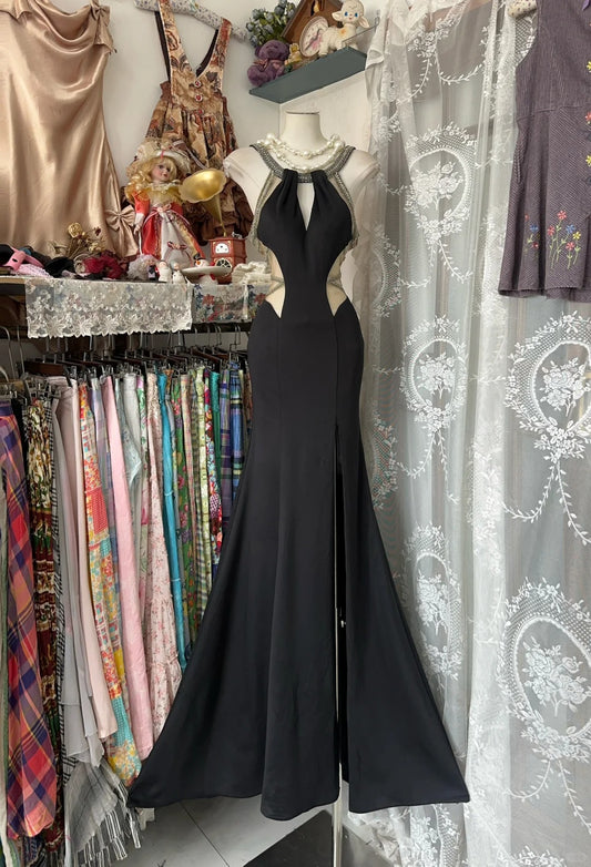 Elegant Mermaid Jewel Neck Black Satin Slit Evening Gowns Formal Birthday Party Dress Prom Dresses N1722