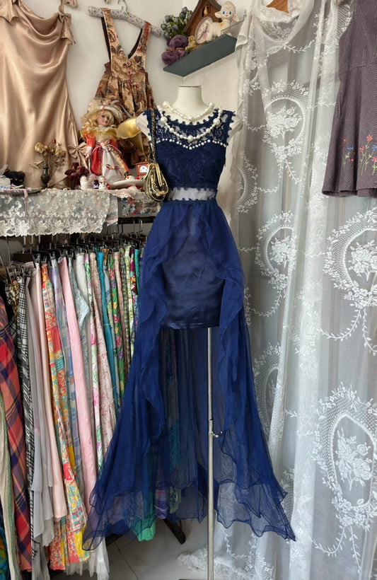 Elegant 2 Pieces Scoop Lace Navy Blue Evening Gowns Formal Birthday Party Dress Prom Dresses N1724
