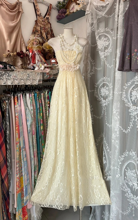 Elegant Fairy A line Strapless Yellow Lace Long Evening Gowns Formal Birthday Party Prom Dresses N1727