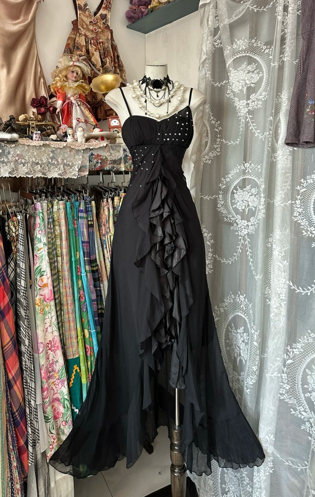 Vintage Meerjungfrauen-Abendkleid aus schwarzem Chiffon mit Spaghettiträgern, langes Kleid, formelles Geburtstagskleid, Ballkleid N1729