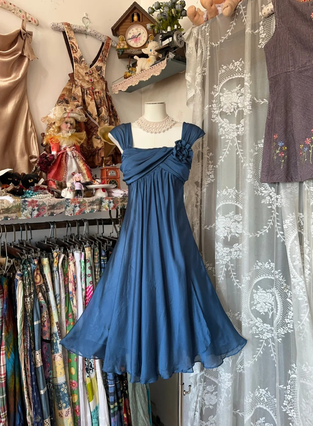Vintage A line Square Neck Navy Blue Chiffon Knee Length Graduation Birthday Outfits Homecoming Dresses N3737